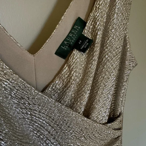 Lauren Ralph Lauren Gold Sheath Midi Dress V-Neck Ruched - Picture 2 of 4